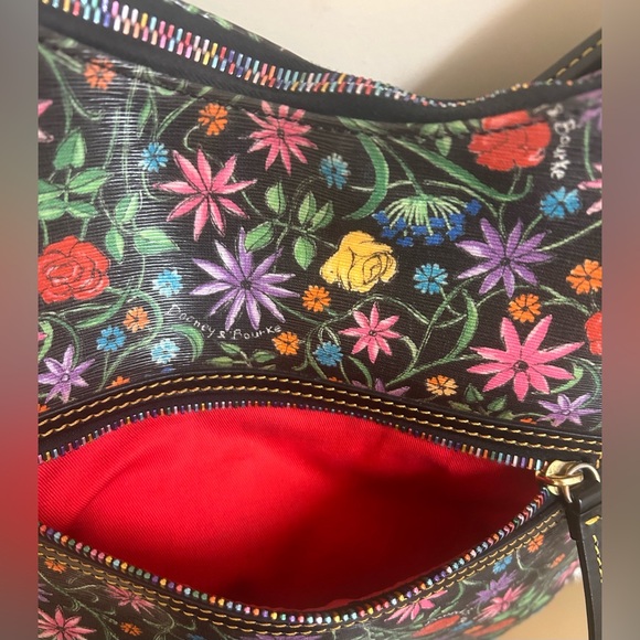 Dooney & Bourke Black Floral Botanical Hobo Shoulder Purse W/Rainbow Zippers EUC - Picture 6 of 16
